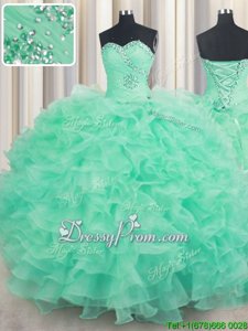 Dramatic Sweetheart Sleeveless Sweet 16 Quinceanera Dress Floor Length Beading and Ruffles Turquoise Organza