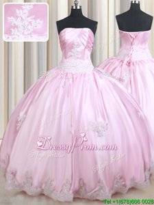 Fashionable Baby Pink Ball Gowns Strapless Sleeveless Taffeta Floor Length Lace Up Appliques 15th Birthday Dress
