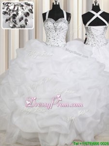 Beauteous White Lace Up Straps Beading and Pick Ups Quinceanera Dress Organza Sleeveless