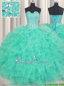 Fabulous Sleeveless Floor Length Beading and Ruffles Lace Up Sweet 16 Dresses with Turquoise