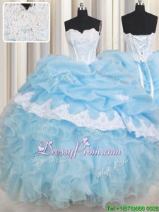 Sweetheart Sleeveless Quinceanera Gown Floor Length Beading and Lace and Ruffles and Pick Ups Light Blue Organza