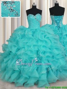 Low Price Aqua Blue Ball Gowns Sweetheart Sleeveless Organza Floor Length Lace Up Beading and Ruffles Quince Ball Gowns