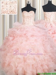 Extravagant Ball Gowns 15th Birthday Dress Baby Pink Sweetheart Organza Sleeveless Floor Length Lace Up