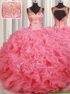 Adorable Sleeveless Organza Floor Length Backless Quinceanera Gowns inWatermelon Red forSpring and Summer and Fall and Winter withBeading and Ruffles