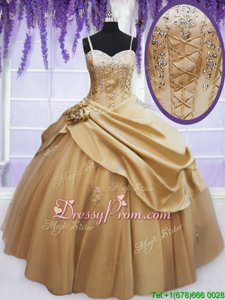 Unique Champagne Taffeta Lace Up Spaghetti Straps Sleeveless Floor Length Sweet 16 Quinceanera Dress Beading and Appliques and Hand Made Flower