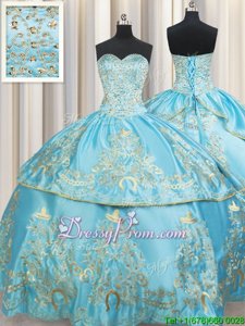 Aqua Blue Ball Gowns Beading and Embroidery Ball Gown Prom Dress Lace Up Taffeta Sleeveless Floor Length