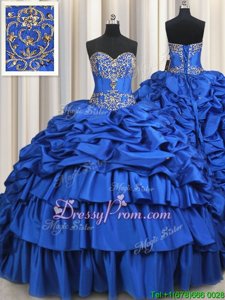 New Style Sweetheart Sleeveless Quinceanera Gowns With Brush Train Beading and Ruffled Layers and Pick Ups Royal Blue Taffeta