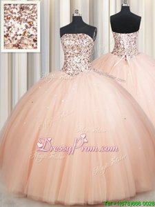 Designer Peach Ball Gowns Beading Sweet 16 Quinceanera Dress Lace Up Tulle Sleeveless Floor Length