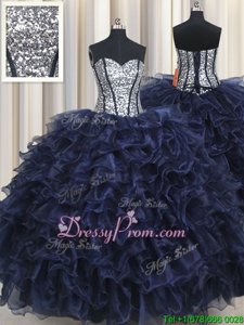Romantic Navy Blue Sleeveless Organza Lace Up Quinceanera Gowns forMilitary Ball and Sweet 16 and Quinceanera