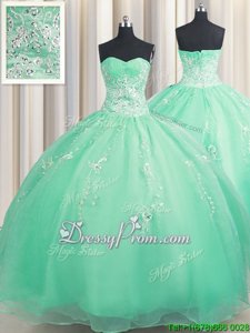 Elegant Turquoise Organza Zipper 15th Birthday Dress Sleeveless Floor Length Beading and Appliques