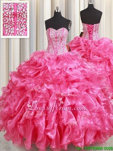 Classical Hot Pink Sweet 16 Dresses Military Ball and Sweet 16 and Quinceanera and For withBeading and Ruffles Sweetheart Sleeveless Lace Up