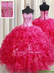 Ideal Floor Length Lace Up Ball Gown Prom Dress Hot Pink and In forMilitary Ball and Sweet 16 and Quinceanera withBeading and Ruffles