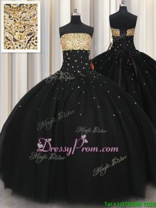 Glorious Sleeveless Tulle Floor Length Lace Up Quince Ball Gowns inBlack forSpring and Summer and Fall and Winter withBeading