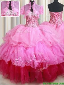 Captivating Sleeveless Organza Floor Length Lace Up Vestidos de Quinceanera inRose Pink forSpring and Summer and Fall and Winter withRuffles and Sequins