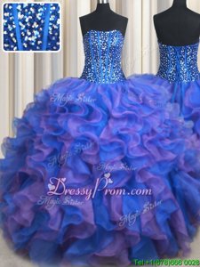 Luxurious Beading and Ruffles Quinceanera Dress Blue and Purple Lace Up Sleeveless Floor Length