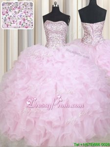 Spectacular Baby Pink Strapless Neckline Beading and Ruffles Ball Gown Prom Dress Sleeveless Lace Up