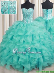 Customized Turquoise Lace Up Sweetheart Beading and Ruffles 15th Birthday Dress Organza Sleeveless