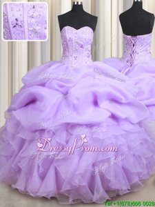Luxury Lavender Organza Lace Up Quinceanera Dress Sleeveless Floor Length Beading and Ruffles and Pick Ups
