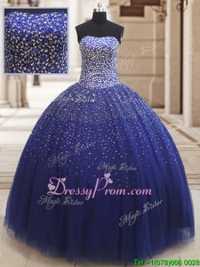 Ideal Floor Length Royal Blue Quinceanera Gowns Tulle Sleeveless Spring and Summer and Fall and Winter Beading