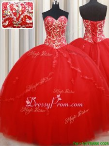 Extravagant Floor Length Red 15 Quinceanera Dress Tulle Sleeveless Spring and Summer and Fall and Winter Beading and Appliques