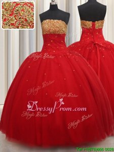 Perfect Floor Length Red 15 Quinceanera Dress Strapless Sleeveless Lace Up