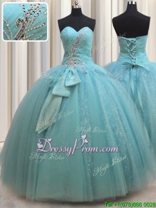 High Class Sleeveless Floor Length Beading and Bowknot Lace Up Sweet 16 Dresses with Light Blue