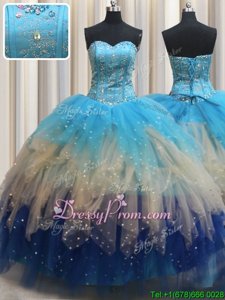Deluxe Multi-color Sleeveless Floor Length Beading and Ruffles Lace Up Vestidos de Quinceanera