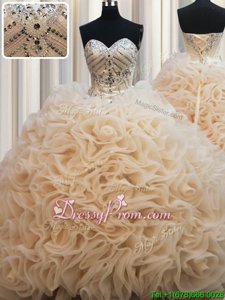 Modern Champagne Fabric With Rolling Flowers Lace Up Sweetheart Sleeveless Sweet 16 Dresses Brush Train Beading