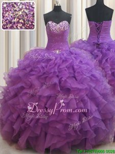 Trendy Sleeveless Organza Floor Length Lace Up 15th Birthday Dress inEggplant Purple forSpring and Summer and Fall and Winter withBeading and Ruffles
