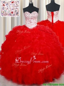 New Style Red Tulle Lace Up 15th Birthday Dress Sleeveless Floor Length Beading and Ruffles