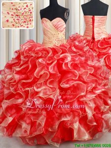 Elegant Organza Sweetheart Sleeveless Lace Up Beading and Ruffles Ball Gown Prom Dress inRed and Champagne