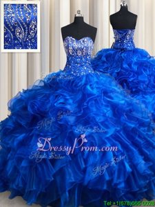 Classical Ball Gowns Sleeveless Royal Blue Ball Gown Prom Dress Brush Train Lace Up