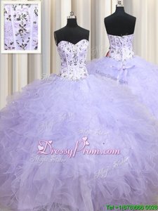 Shining Beading and Ruffles Sweet 16 Dress Lavender Lace Up Sleeveless Floor Length