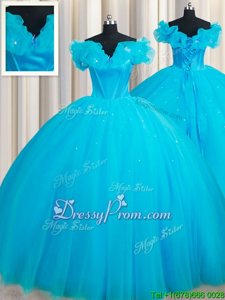 Fine Baby Blue Sleeveless Tulle Court Train Lace Up Ball Gown Prom Dress forMilitary Ball and Sweet 16 and Quinceanera