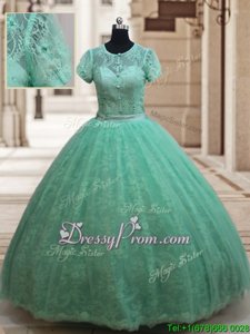 Affordable Apple Green Lace Zipper 15th Birthday Dress Short Sleeves Floor Length Lace