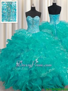 Custom Fit Sweetheart Sleeveless Lace Up Quinceanera Gowns Turquoise Organza