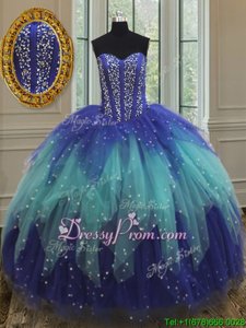 Best Selling Royal Blue and Aqua Blue Sleeveless Floor Length Beading and Ruffles Lace Up Sweet 16 Quinceanera Dress