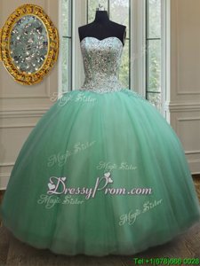 Super Sweetheart Sleeveless Quinceanera Dresses Floor Length Beading Apple Green Tulle