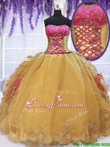 Best Hot Pink and Gold Ball Gowns Strapless Sleeveless Organza and Taffeta Floor Length Lace Up Beading and Lace and Ruffles Quinceanera Gown