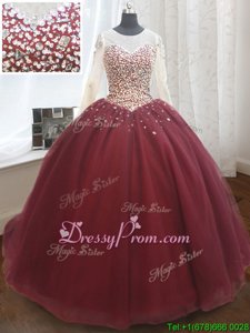 Custom Fit Scoop Long Sleeves Court Train Lace Up 15 Quinceanera Dress Wine Red Tulle