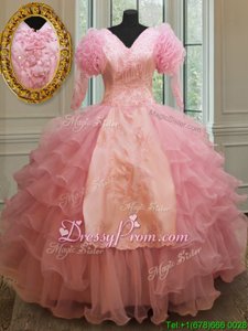Trendy V-neck Half Sleeves Zipper Ball Gown Prom Dress Baby Pink Organza