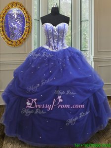 Edgy Floor Length Blue Vestidos de Quinceanera Tulle Sleeveless Spring and Summer and Fall and Winter Beading and Sequins