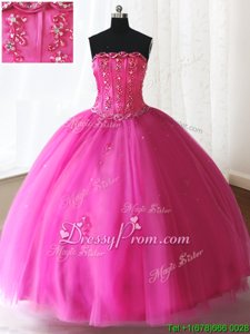 Artistic Tulle Strapless Sleeveless Lace Up Beading Quinceanera Dress inHot Pink