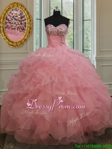 Spectacular Baby Pink Sleeveless Beading and Ruffles and Sequins Lace Up Quinceanera Gowns
