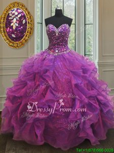 Purple Ball Gowns Beading and Ruffles and Sequins Vestidos de Quinceanera Lace Up Organza Sleeveless Floor Length