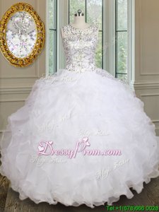 Pretty Sleeveless Floor Length Beading and Ruffles Lace Up Quince Ball Gowns with White