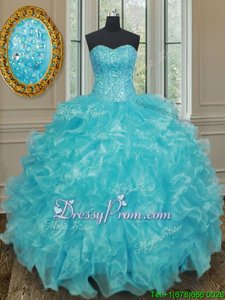 Affordable Sleeveless Lace Up Floor Length Beading and Ruffles Quinceanera Dress