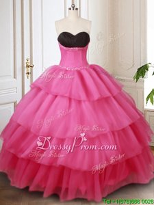Hot Selling Hot Pink Lace Up Quinceanera Dress Beading and Ruffled Layers Sleeveless Floor Length