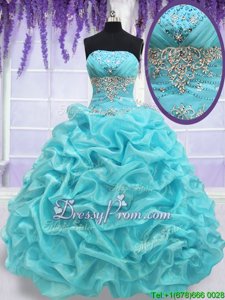 Elegant Sleeveless Organza Floor Length Lace Up Sweet 16 Quinceanera Dress inAqua Blue forSpring and Summer and Fall and Winter withBeading and Pick Ups