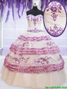 Lovely White Sleeveless Appliques and Embroidery and Ruffled Layers Floor Length Quinceanera Gown